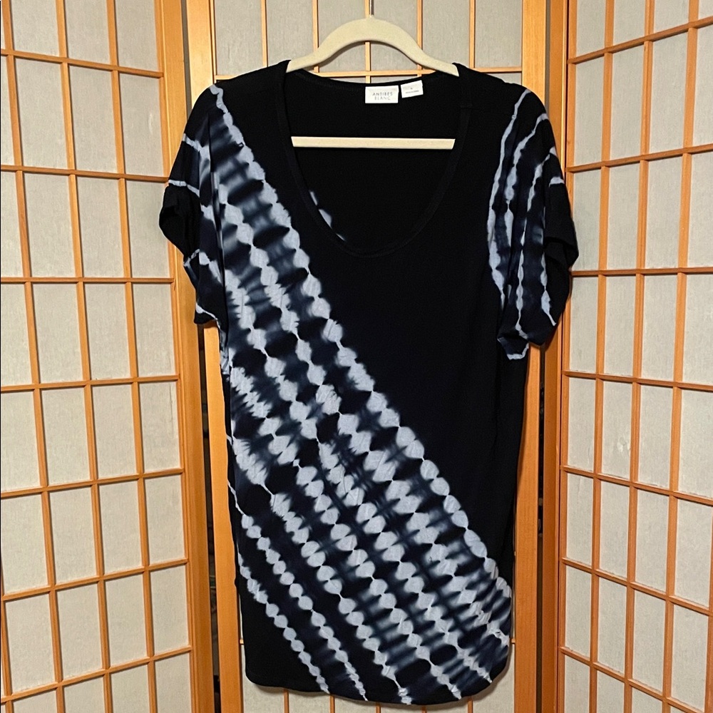ANTIBES BLANC Navy Blue & White Patterned Short Sleeve Top Size XL
